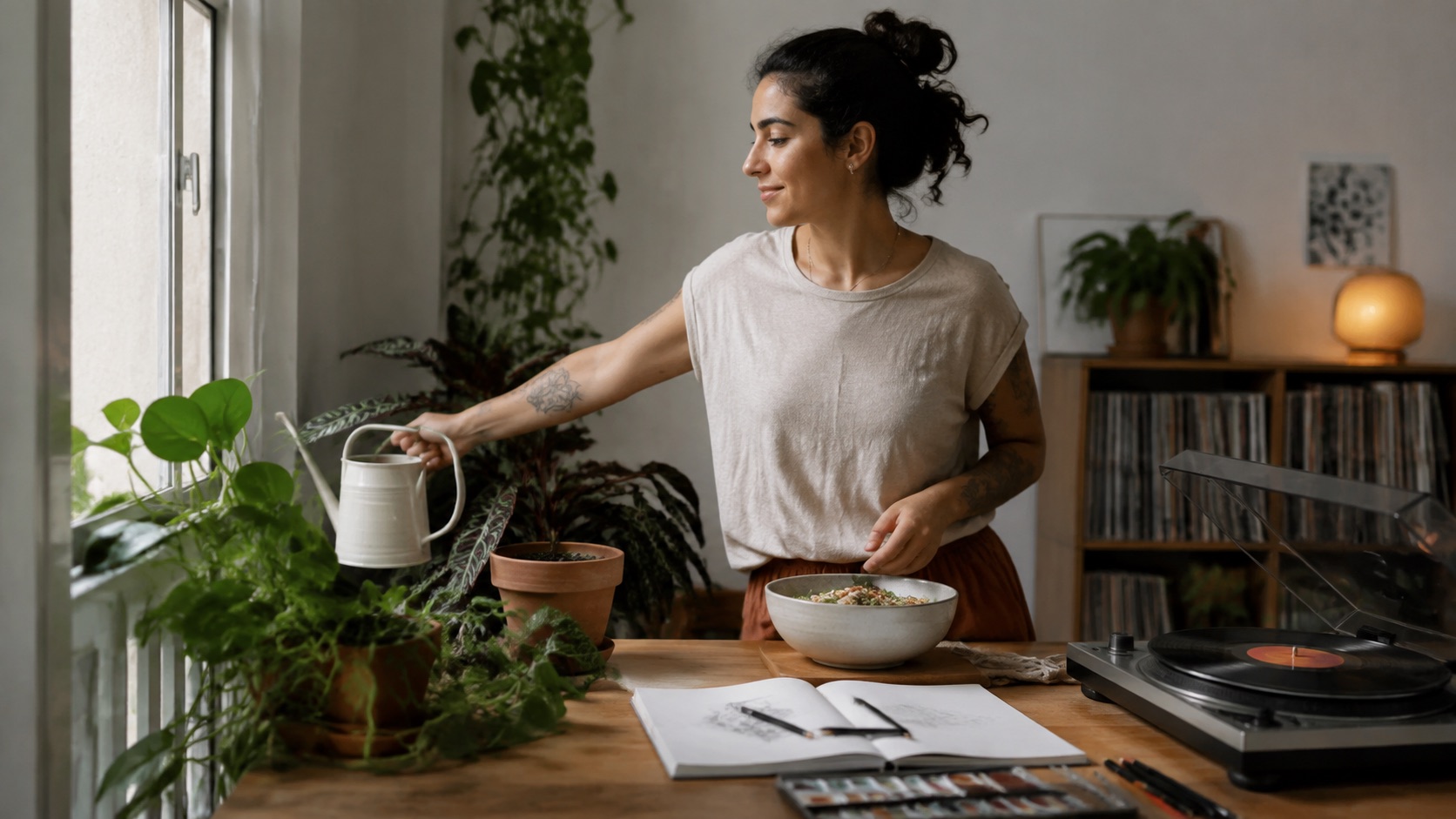 Mulher rega plantas ao lado de um caderno, uma refeição simples e um toca-discos