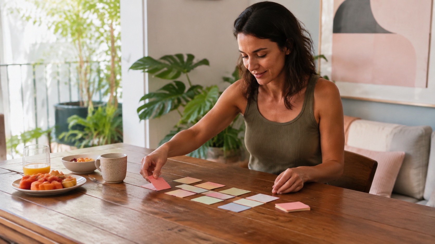 Mulher organiza cartões coloridos por períodos do dia enquanto toma café da manhã