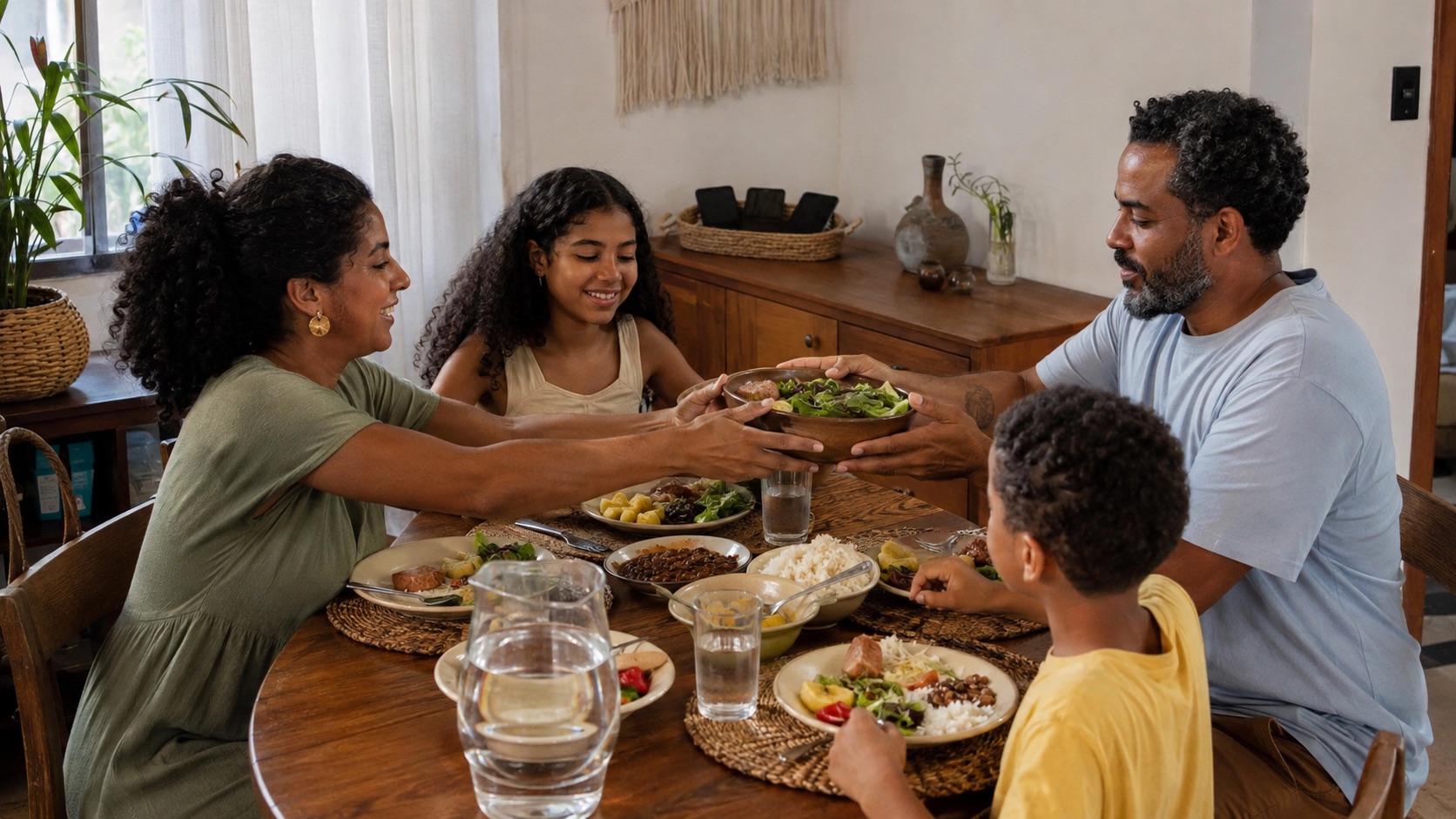 Família compartilha o almoço enquanto os celulares ficam juntos em uma cesta distante