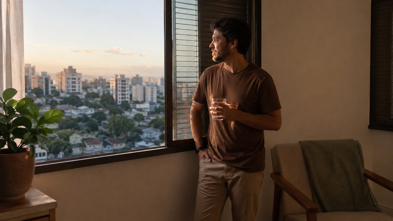 Homem observa a cidade pela janela enquanto faz uma pausa ao chegar em casa