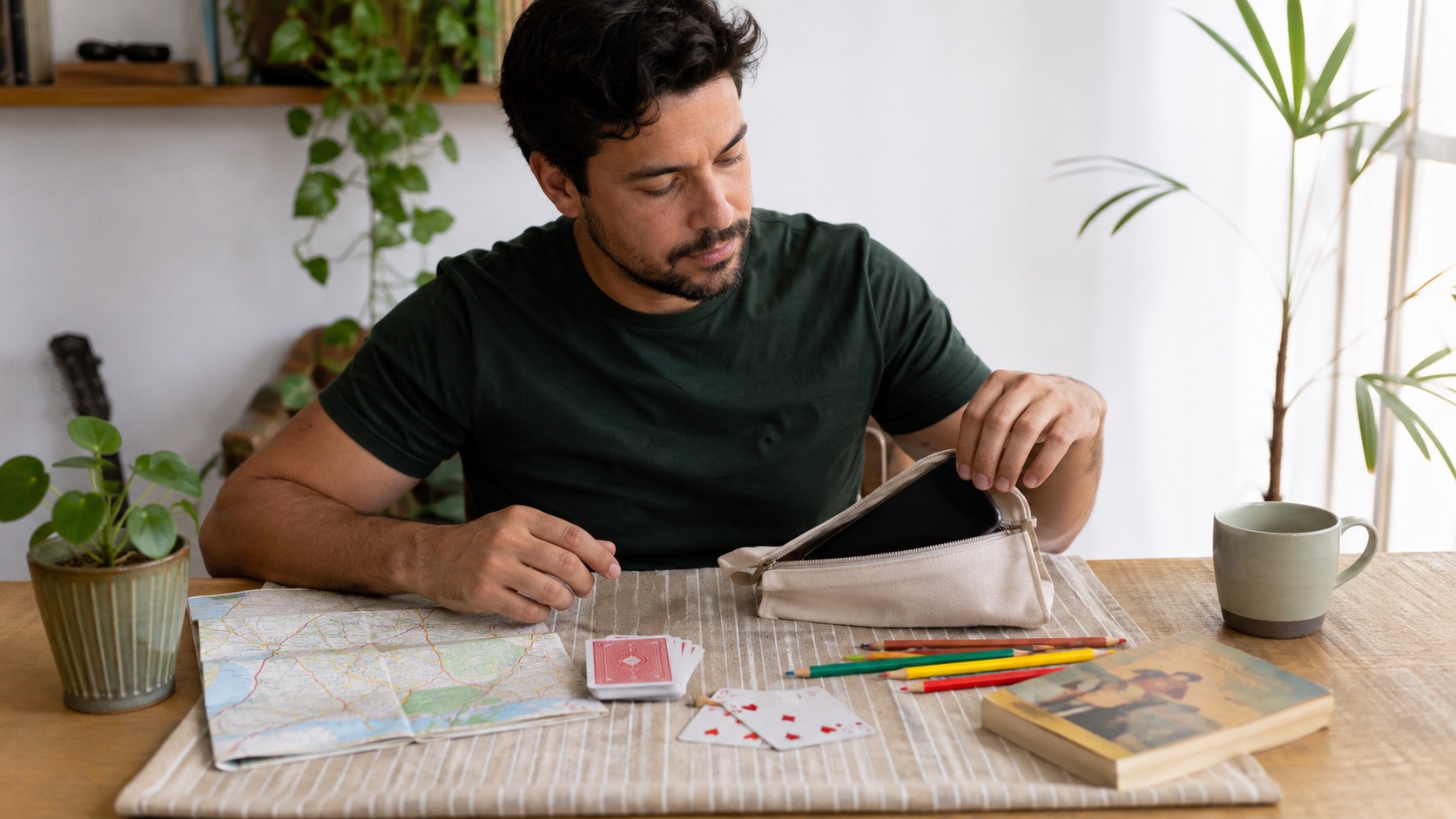 Homem guarda o celular em uma bolsa ao lado de mapa, cartas, livro e lápis