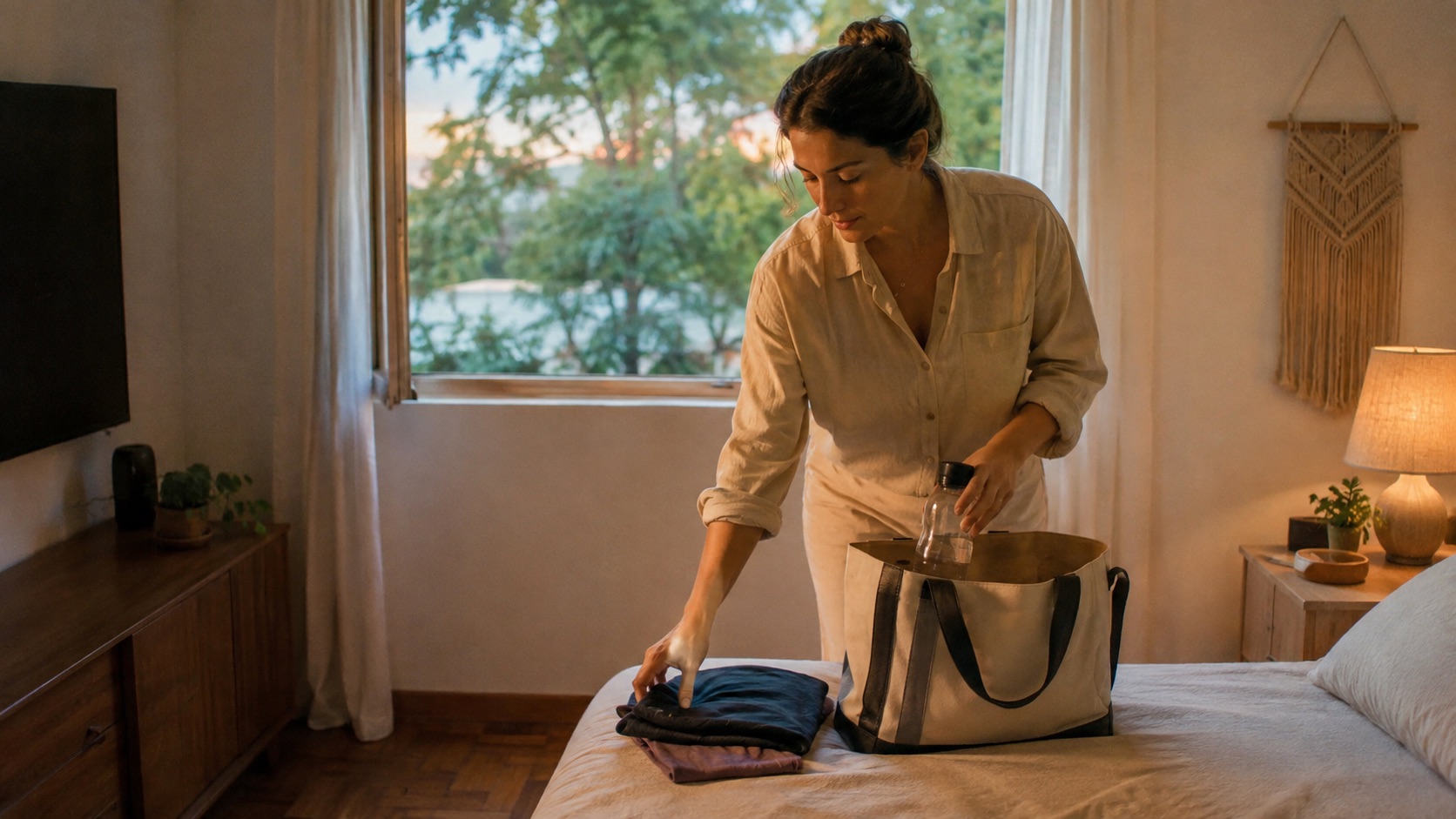 Mulher separa roupa, bolsa e garrafa de água no quarto durante o domingo