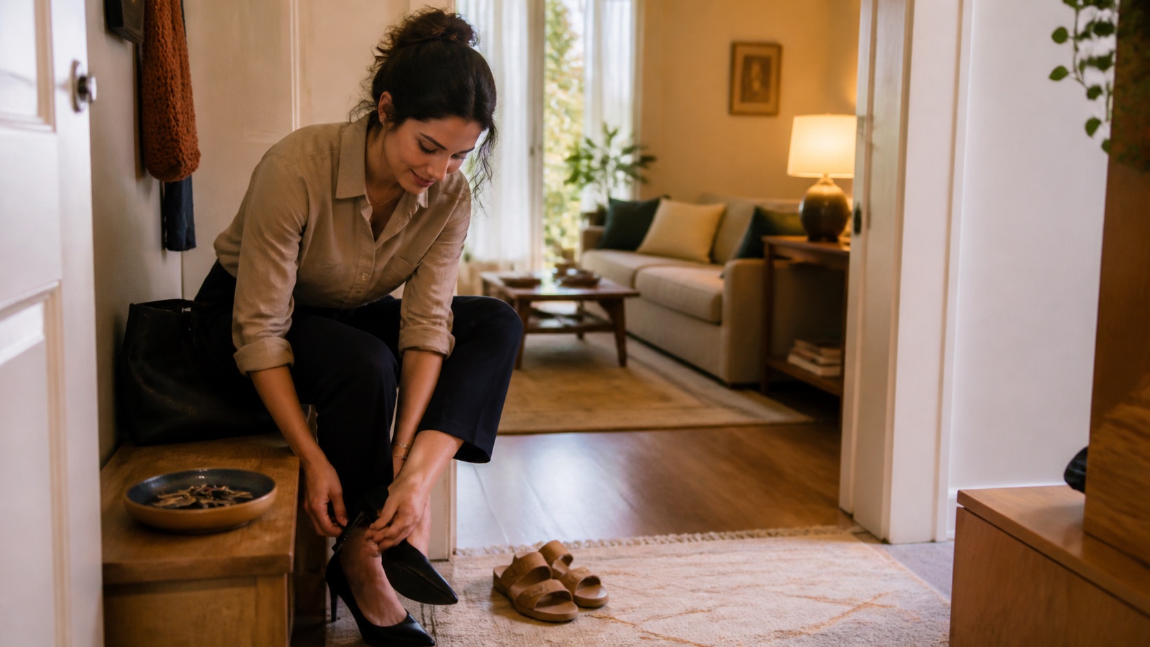 Mulher troca os sapatos ao chegar em casa e inicia o descanso depois do trabalho