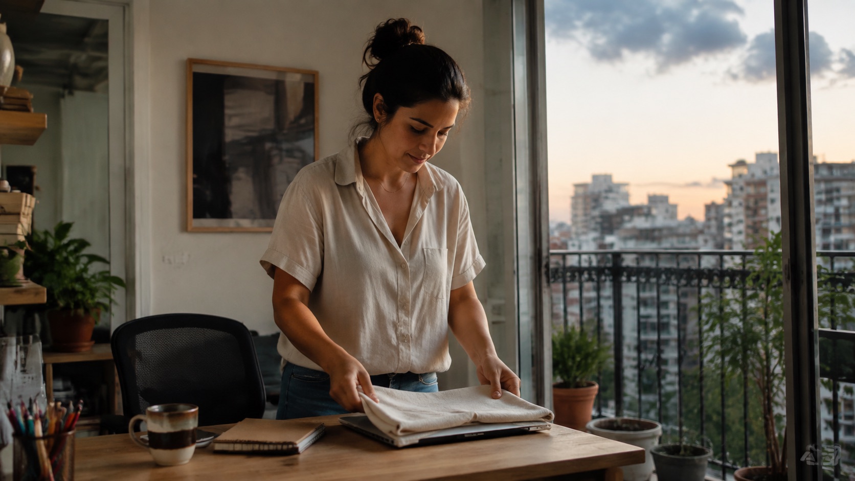 Mulher guarda o notebook ao encerrar o trabalho em um escritório perto da varanda