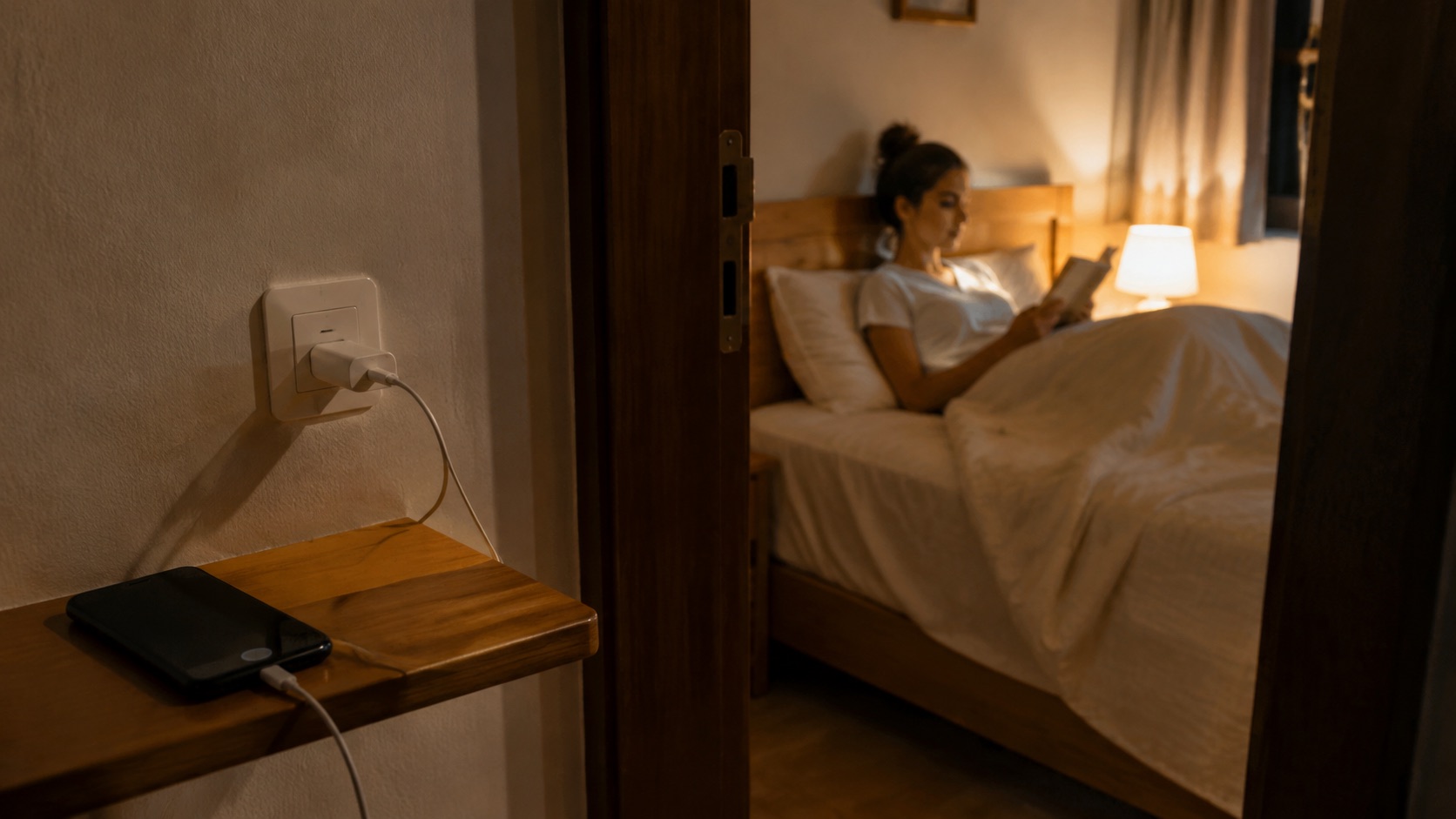 Celular carrega fora do quarto enquanto mulher lê sob uma luz suave na cama