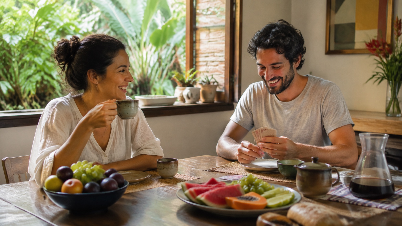 Casal conversa durante um café da manhã de domingo com cartas e frutas sobre a mesa