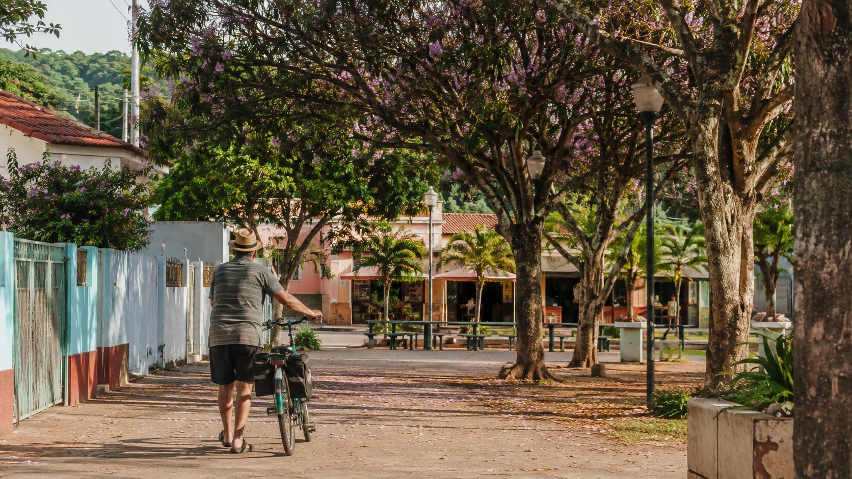 Pessoa caminha com uma bicicleta em direção a uma praça arborizada no domingo