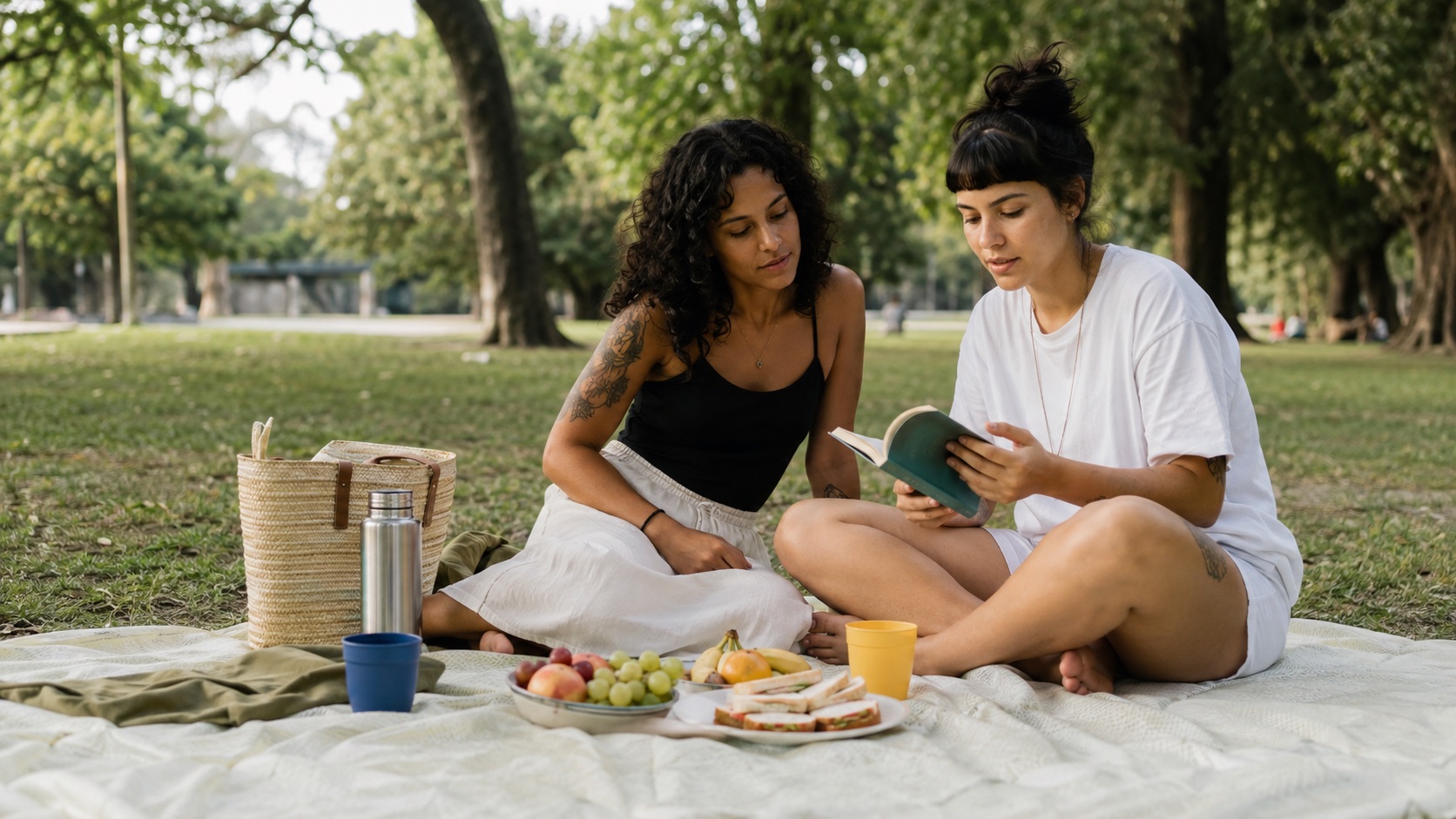 Duas amigas compartilham livros e lanche caseiro em um piquenique no parque